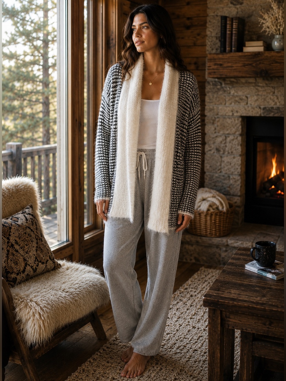 Billabong Fuzzy Eyelash Knit Open Front Cardigan Large Black Ivory